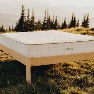 The Afton natural platform bed in linseed oil with the Serenity latex organic mattress