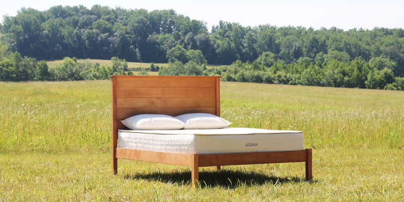 Platform bed made of sustainably-sourced wood.